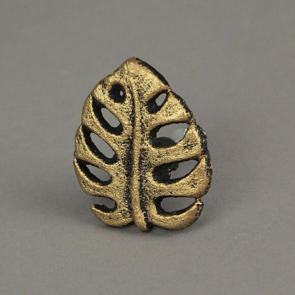 Set of 6 Gold Cast Iron Monstera Leaf Drawer Pulls Decorative Cabinet Knobs - Picture 4 of 5